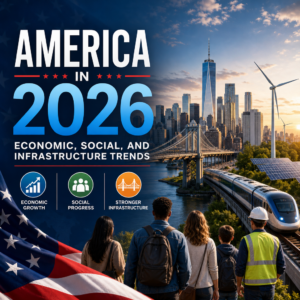 Illustration of America in 2026 showing economic growth, social progress, and improved infrastructure