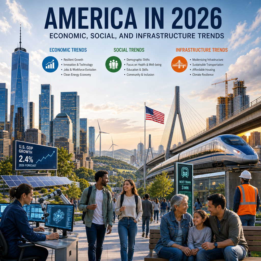 Futuristic U.S. city with diverse people, advanced tech, and modern infrastructure in 2026