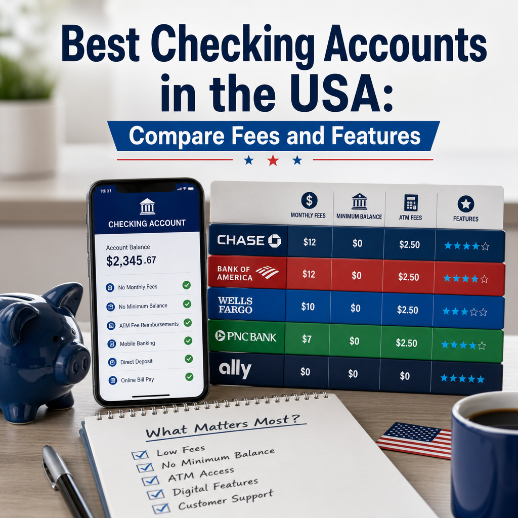 Comparison chart of the best checking accounts in the USA, showing fees, features, and customer ratings.