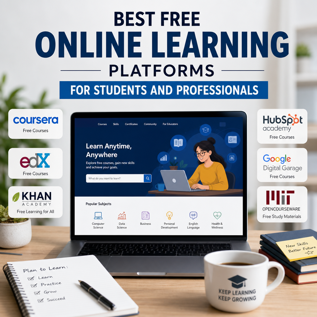 Icons for Coursera, edX, Khan Academy, HubSpot Academy, Google Digital Garage, and MIT OpenCourseWare