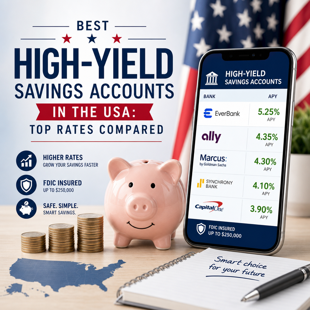 Comparison chart of top high-yield savings accounts with interest rates and FDIC insurance icons.