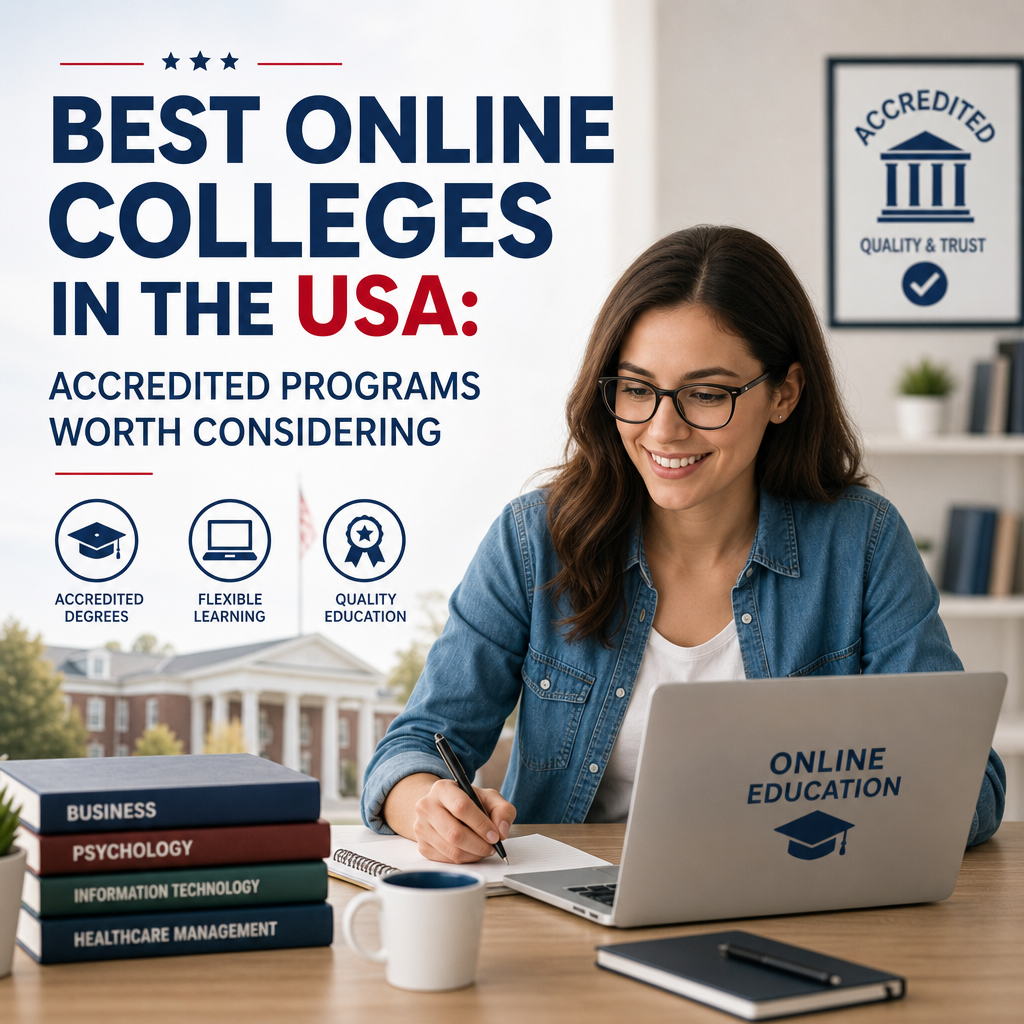 Smiling woman studying online with laptop and books, representing accredited online colleges in the USA