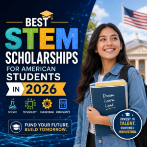 Scholarship brochure with STEM icons and graduation cap, promoting 2026 funding for American students