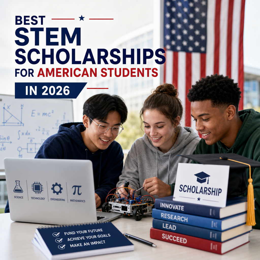Diverse American students collaborating on a robotics project for STEM scholarships in 2026