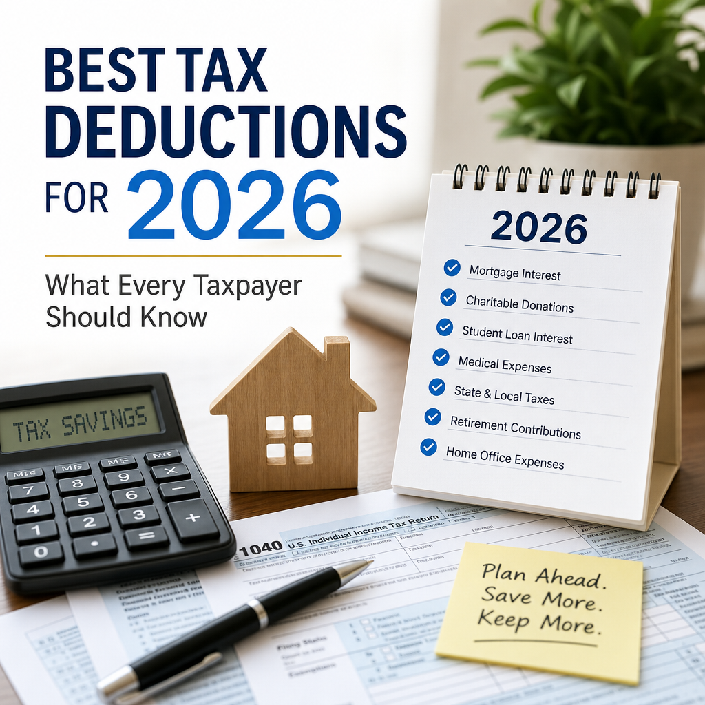Illustration of tax deductions for 2026, including mortgage interest, charitable donations, and retirement contributions.