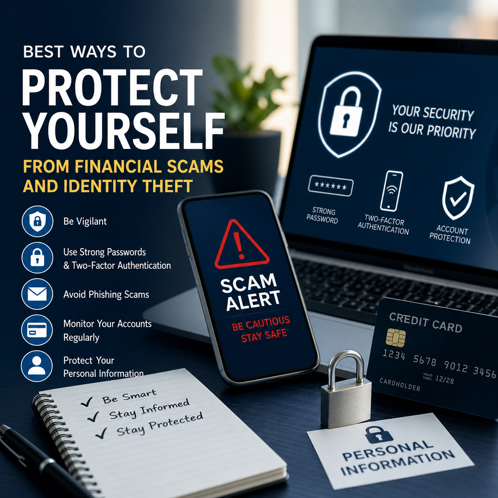 Illustration of financial scam protection tips: strong passwords, two-factor authentication, and account monitoring.