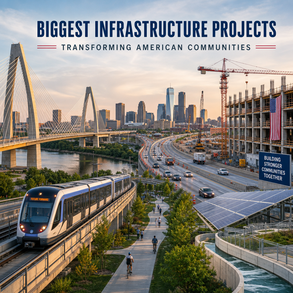 Modern city infrastructure with a light rail train, bridge, construction site, and skyline.