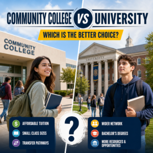 Comparison infographic of community college vs university benefits for prospective students