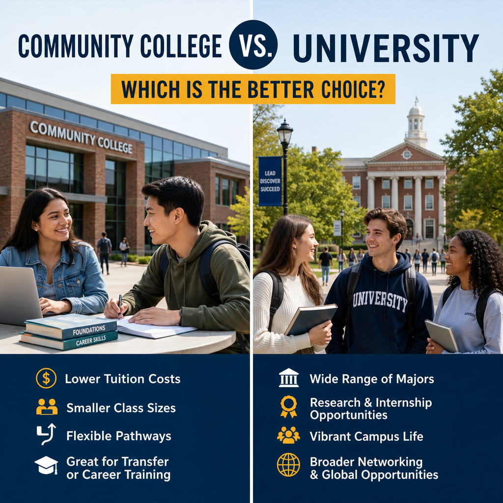 Comparison chart of community college vs university showing cost, class size, majors, and opportunities