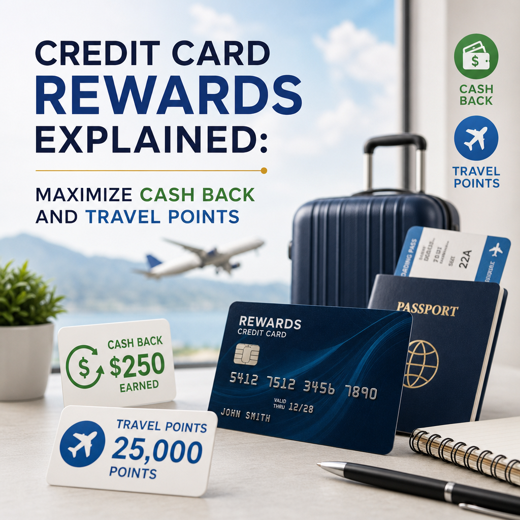 Illustration of credit card rewards, cash back, and travel points for maximizing everyday spending