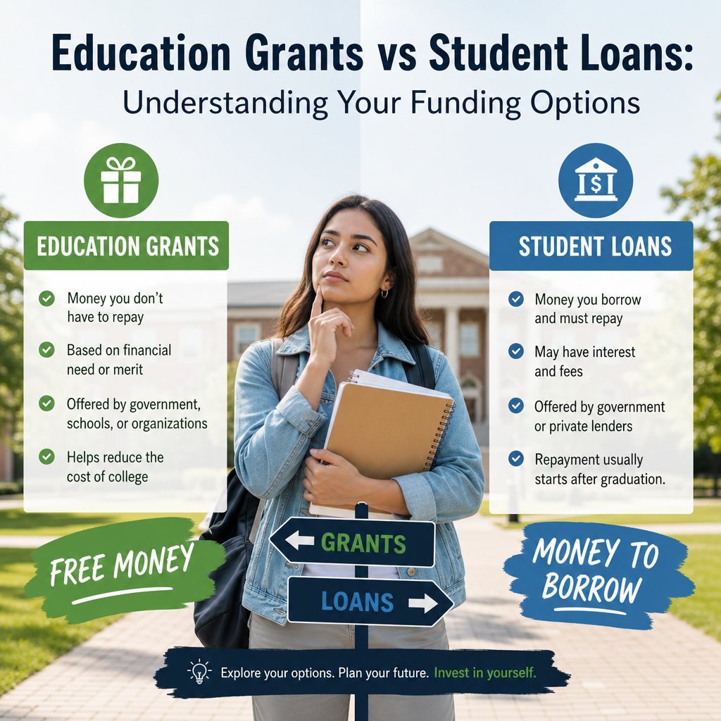 Infographic comparing education grants vs student loans for college funding options and repayment differences