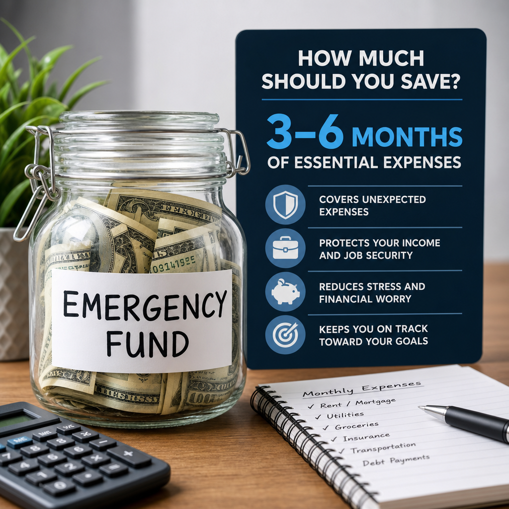 Jar labeled “Emergency Fund” filled with cash beside a savings guide and financial planning notebook