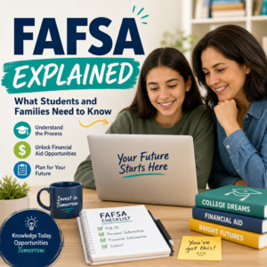 Students and parents reviewing FAFSA forms to plan for college financial aid