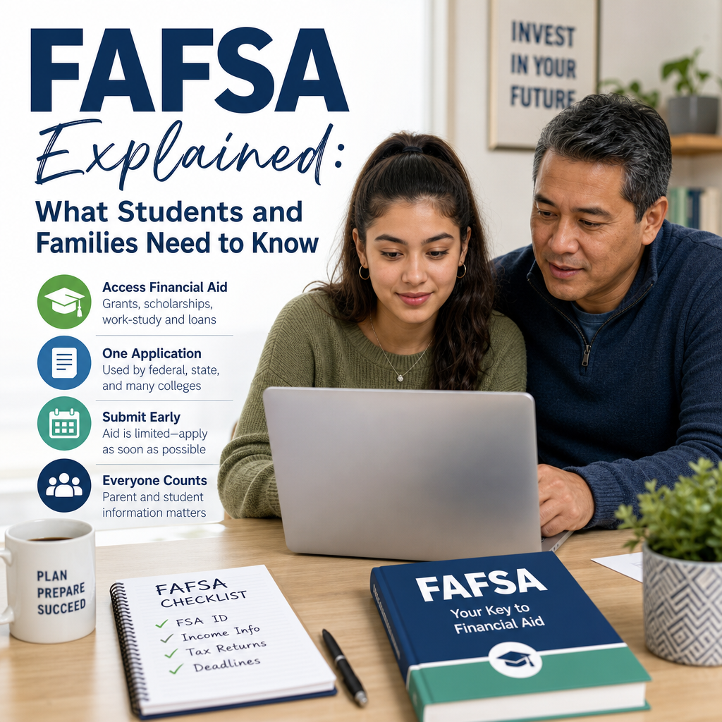 Students and family reviewing FAFSA application tips, deadlines, and financial aid options.