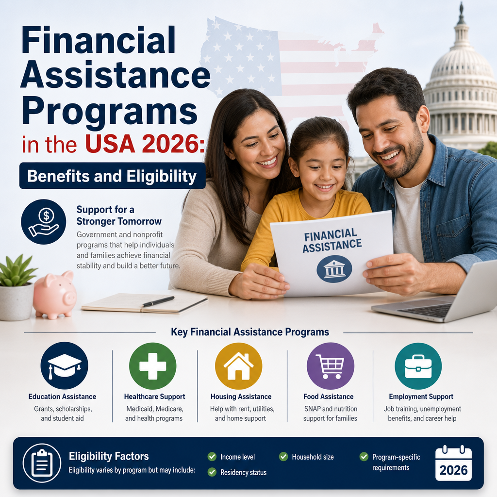 Financial assistance programs in the USA 2026 covering food, rent, utilities, health care, and child care