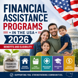 Infographic of U.S. financial assistance programs for housing, food, healthcare, education, and utility support