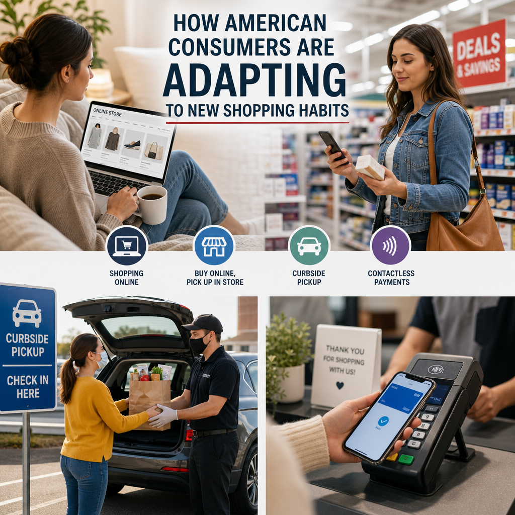 American consumers shopping online, using curbside pickup, and contactless payment on a phone