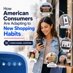 Illustration of American shoppers using apps, websites, stores, and pickup options for omnichannel shopping