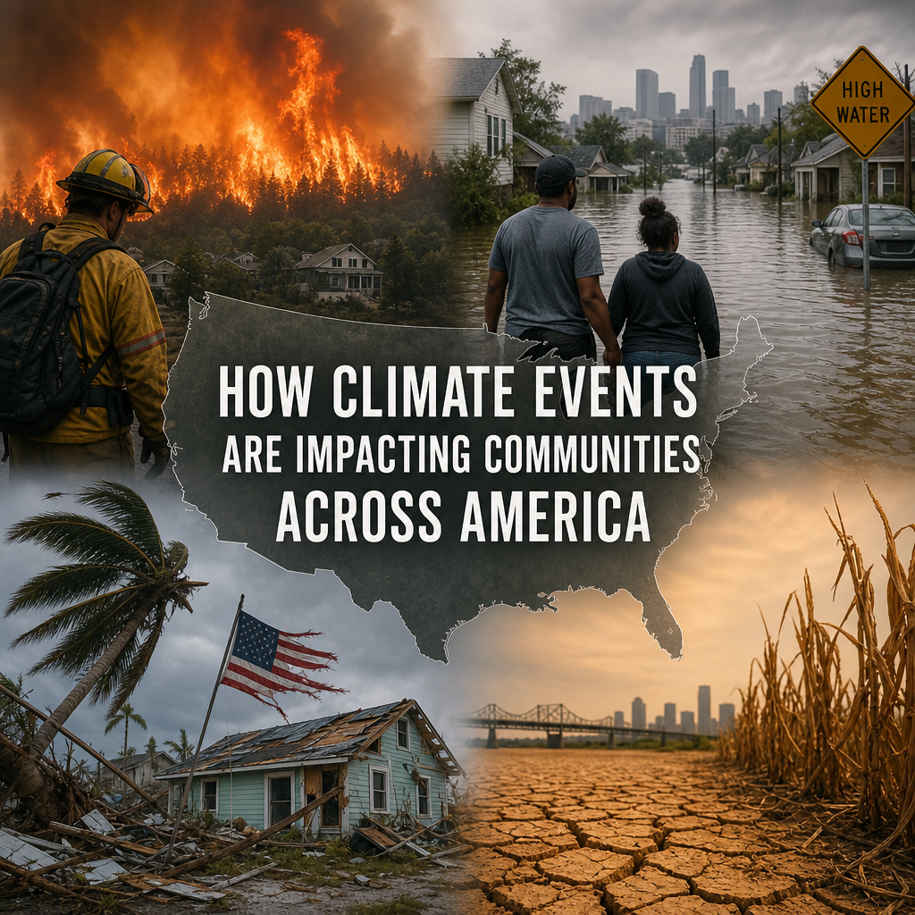 Map showing U.S. communities affected by wildfires, floods, hurricanes, and droughts.