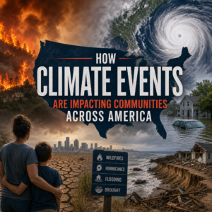 Infographic showing wildfires, hurricanes, flooding, and drought impacting communities across America