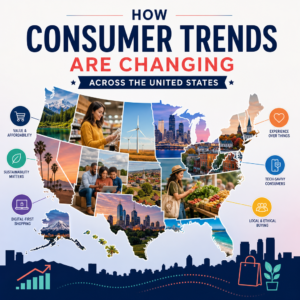 Map of the U.S. highlighting consumer trends: value, sustainability, digital-first, experience, tech-savvy, ethical buying