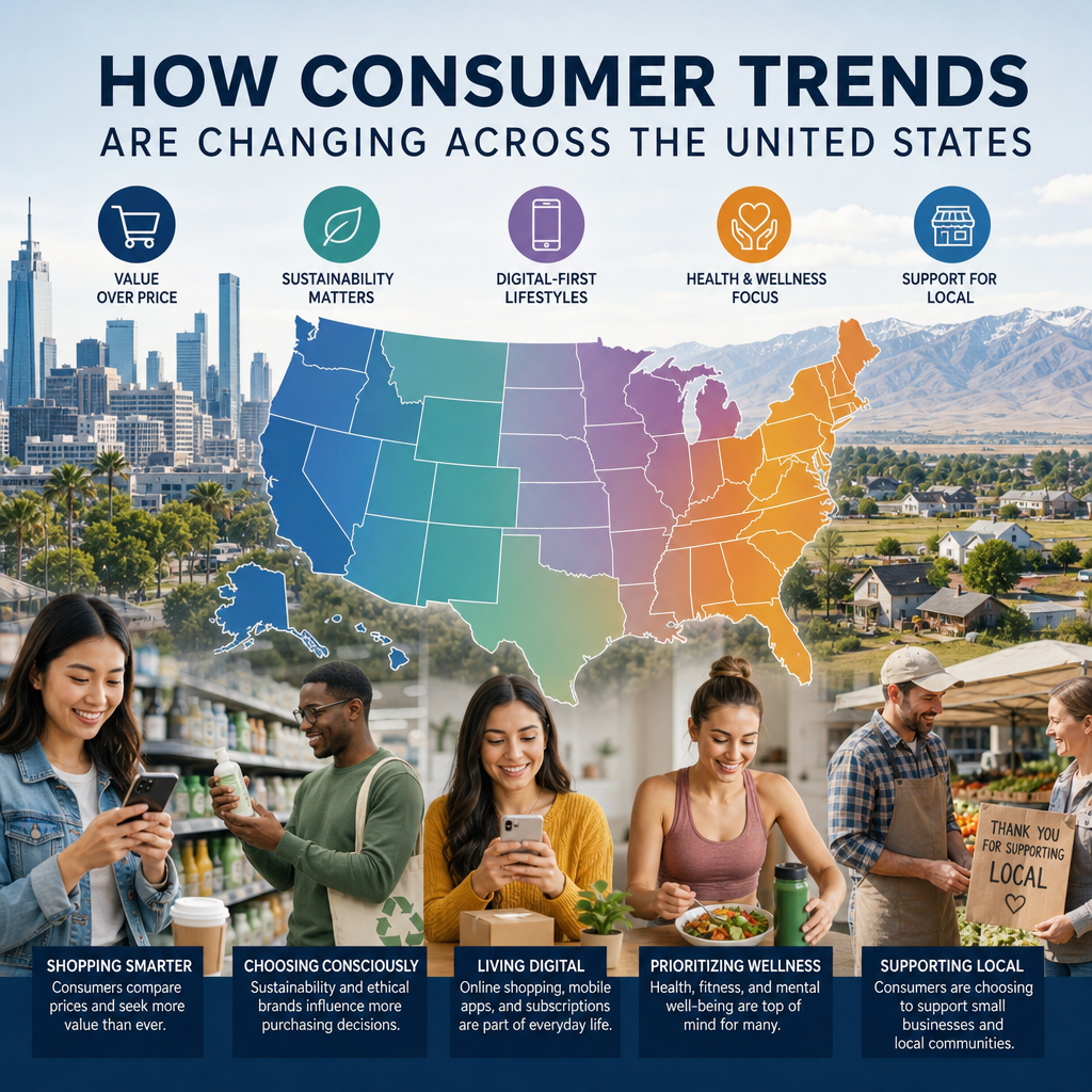 Map of the U.S. showing regional consumer trends: value, sustainability, digital-first habits, wellness, and local support