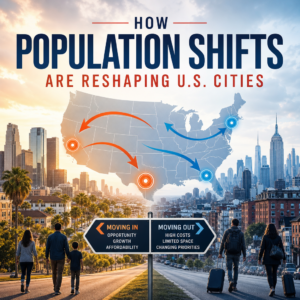 Infographic of U.S. city population shifts, showing migration trends and reasons people move in and out