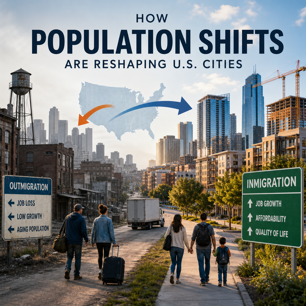 Map of U.S. cities showing population shifts from outmigration and immigration trends