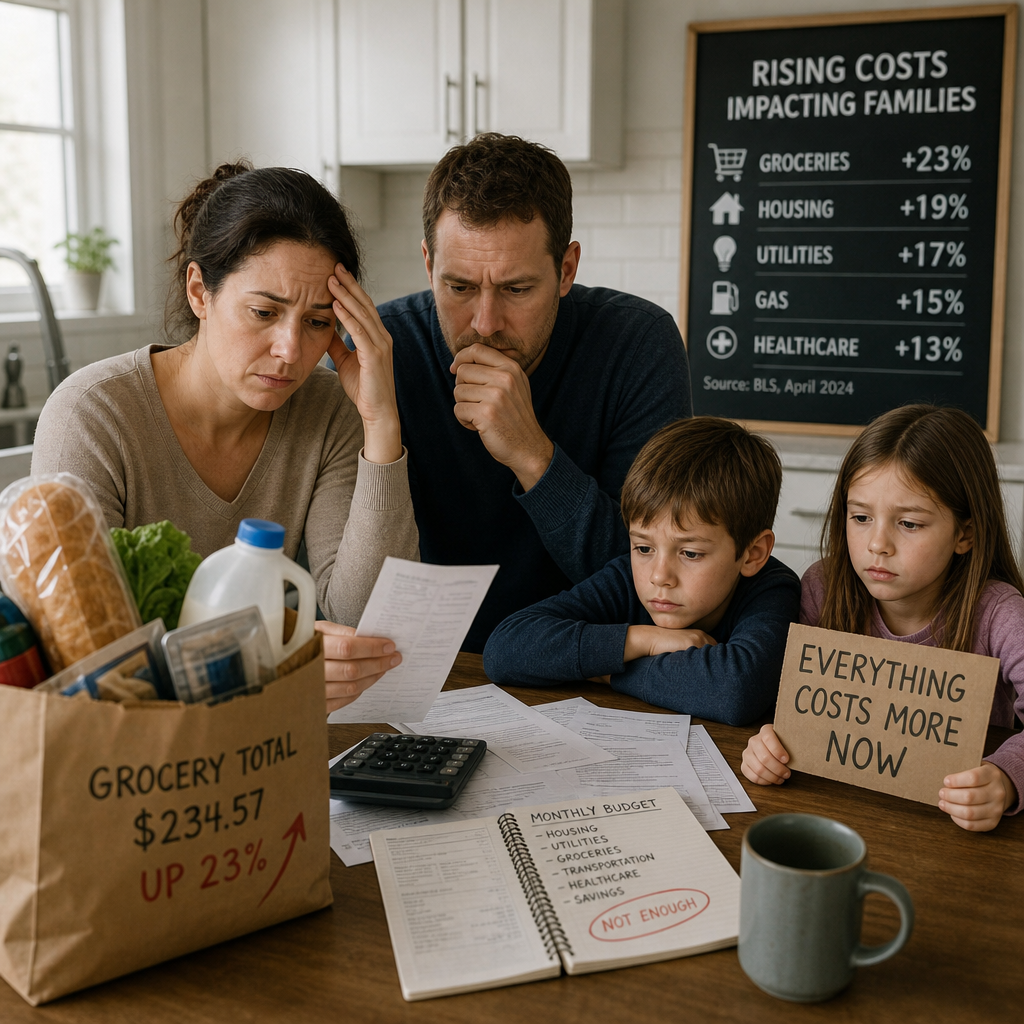Worried family reviewing rising living costs for groceries, housing, utilities, gas, and healthcare.