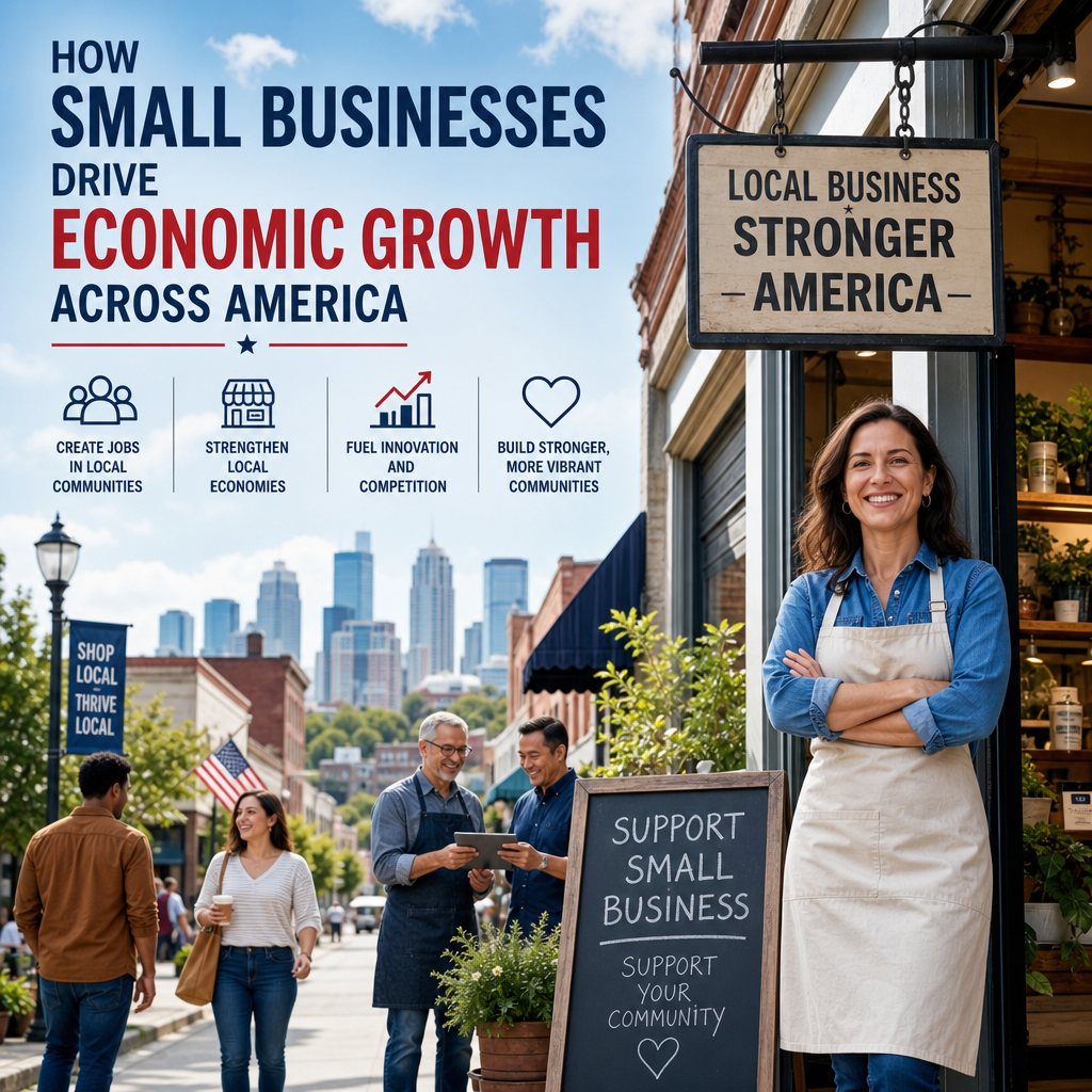 Illustration of small businesses powering U.S. economic growth with shops, startups, jobs, and community support.