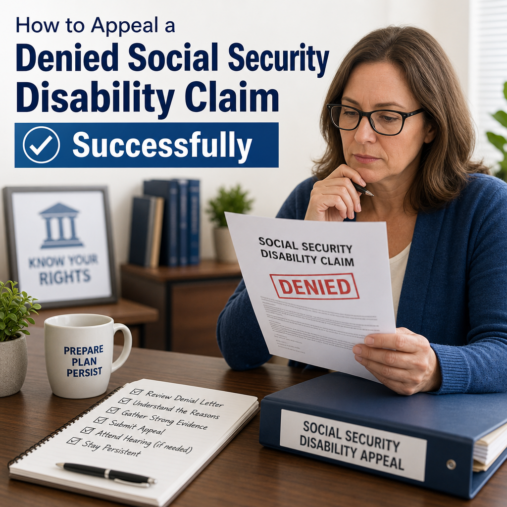 Woman reviewing denied Social Security disability claim papers and appeal documents