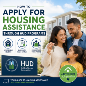 Person reviewing housing assistance application with HUD forms and affordable housing icons