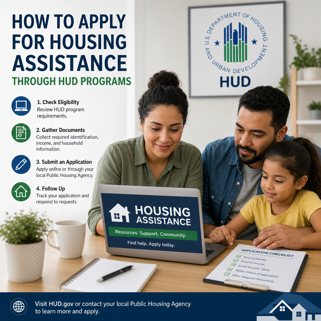Family using a laptop to apply for HUD housing assistance online