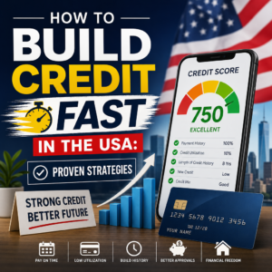Illustration of credit score growth with card, graph, and dollar icons for building credit fast in the USA