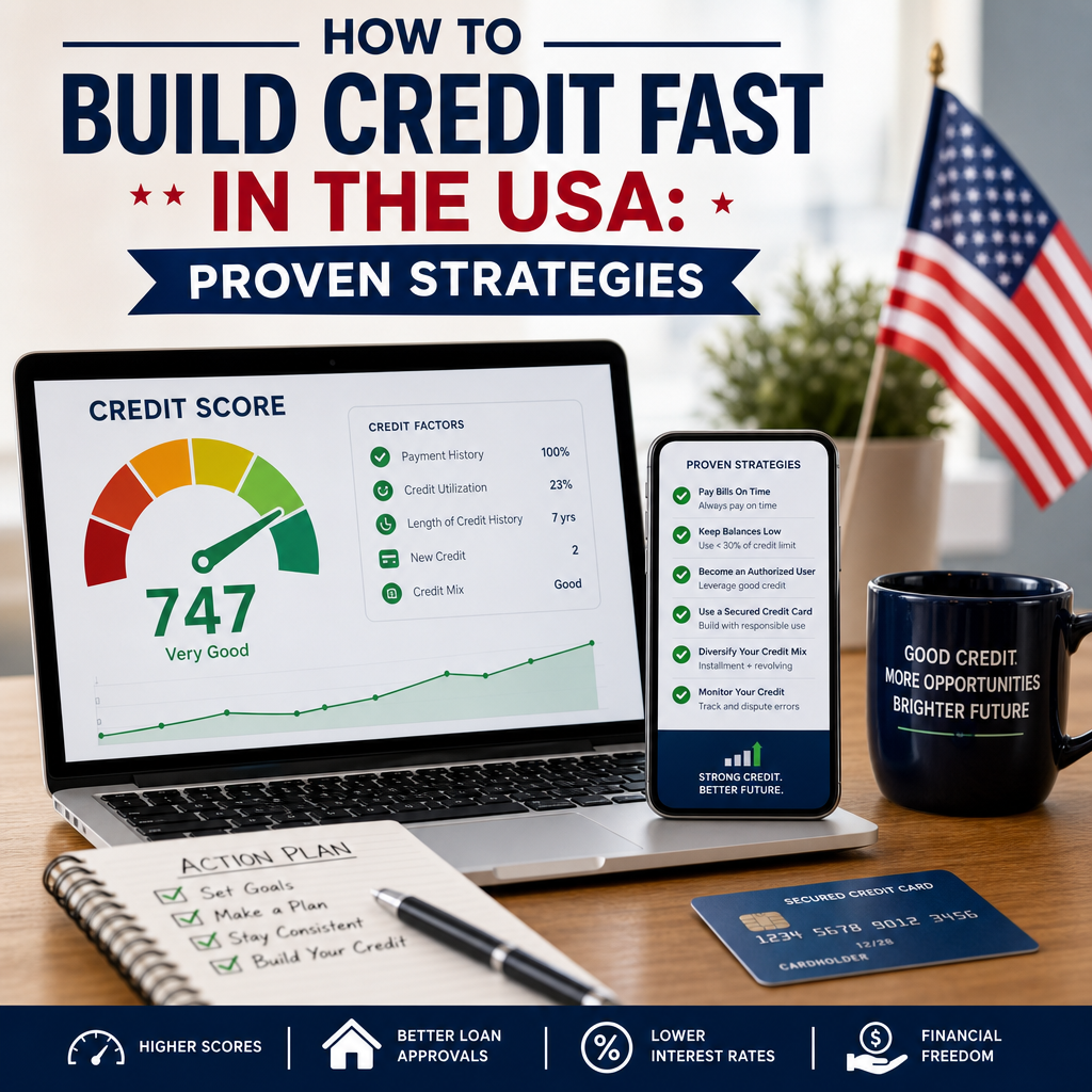 Illustration of credit score growth with a card, chart, and coins for building credit fast in the USA