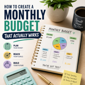 Person reviews monthly budget plan with charts, calculator, and notes for financial goals