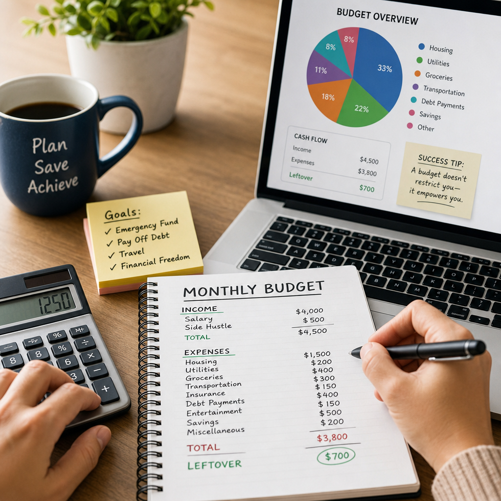 Person using a calculator and laptop with monthly budget notes and financial planning papers