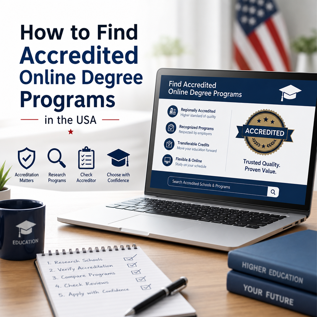 Illustration of a student researching accredited online degree programs in the USA on a laptop with a checklist