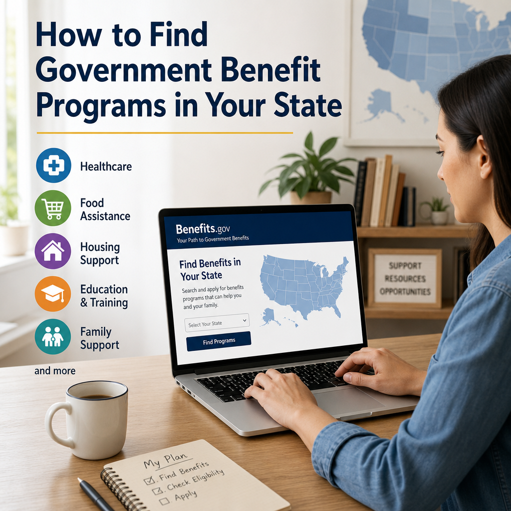 Woman using laptop to find government benefit programs by state: healthcare, food, housing, education, and family support.