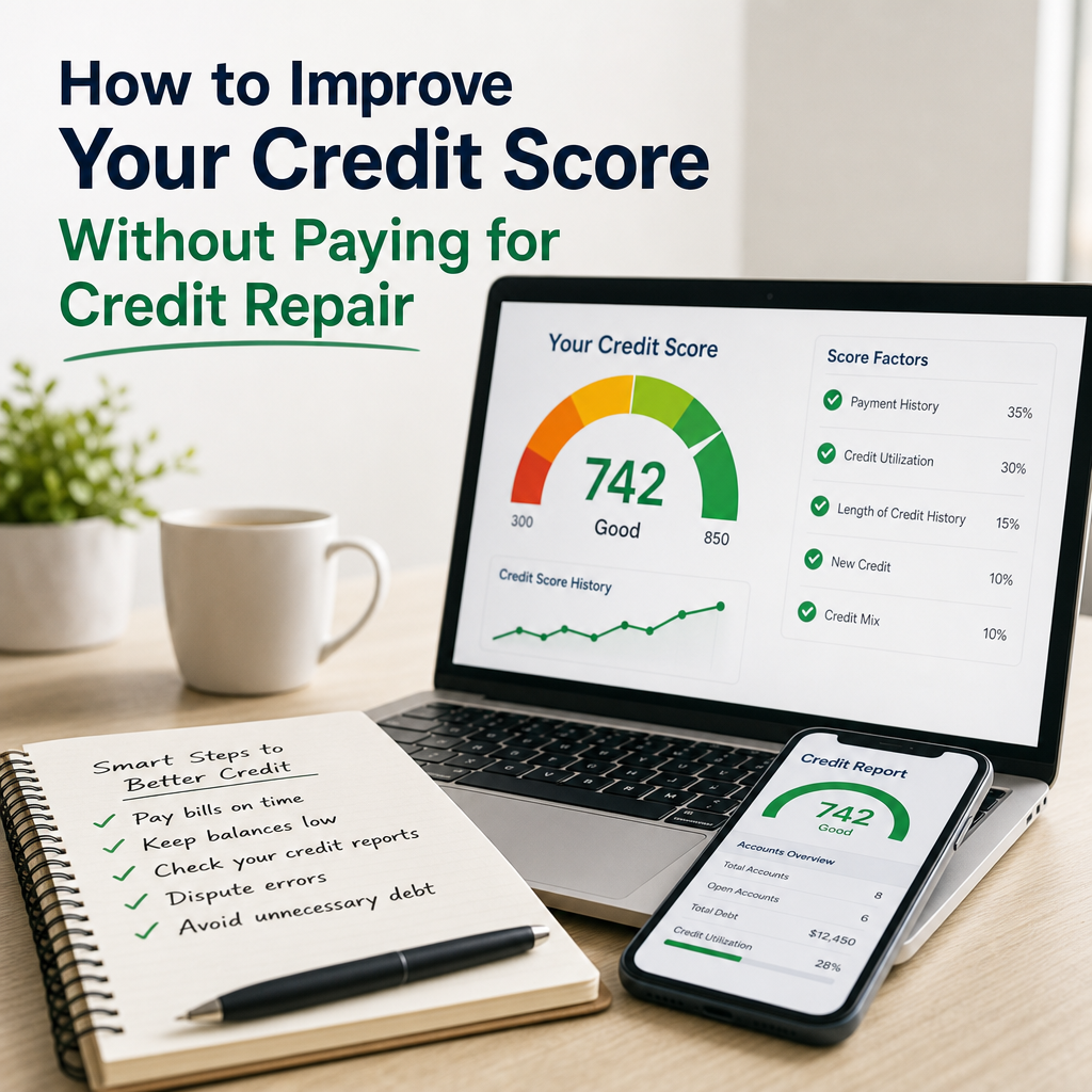 Person reviewing credit score charts and financial tools on a laptop to improve credit score independently