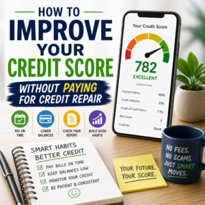 Person reviewing credit report and budgeting notes to improve credit score without credit repair fees