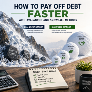 Infographic comparing avalanche and snowball debt payoff methods with example debt balances and repayment steps