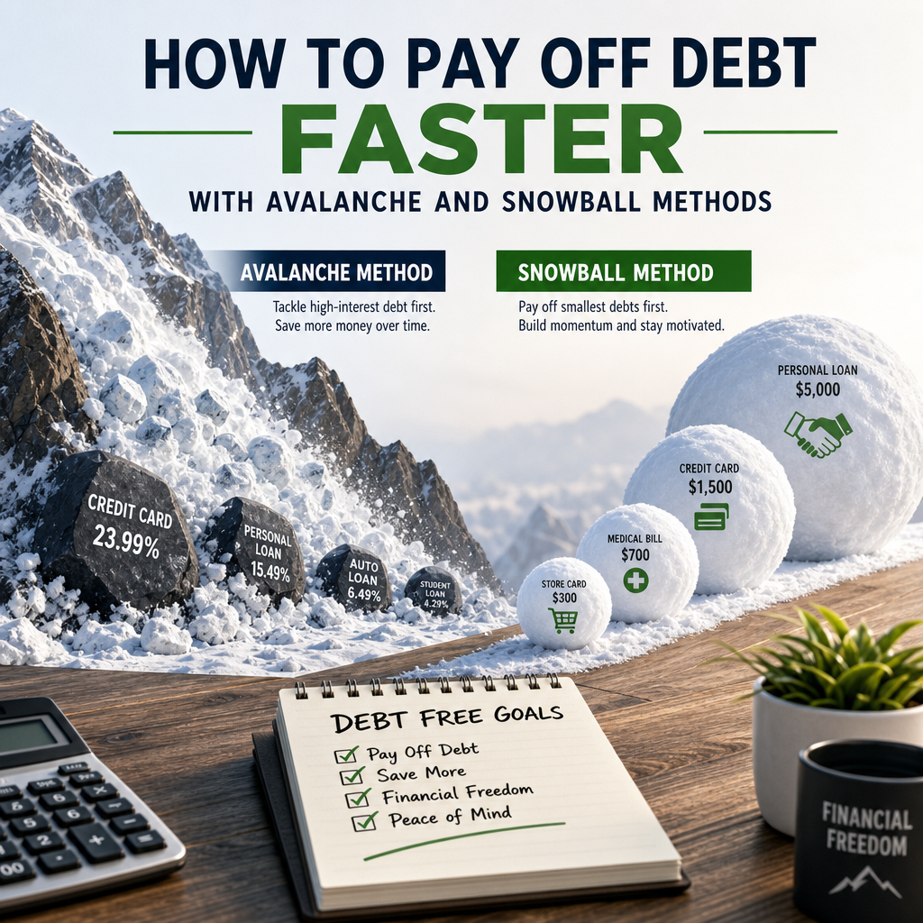 Infographic comparing avalanche and snowball debt payoff methods with example debt balances and repayment steps