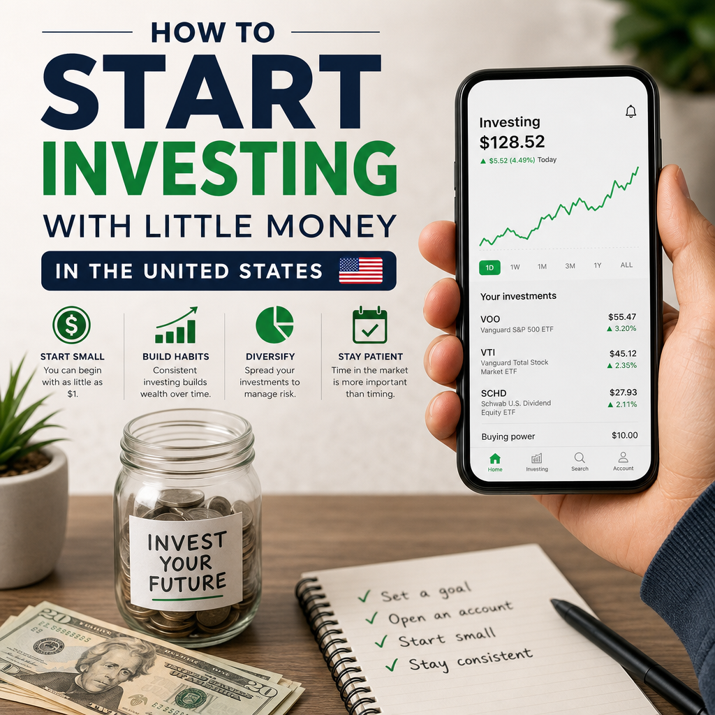 Person using a phone to start investing small amounts with stocks, index funds, and financial growth charts