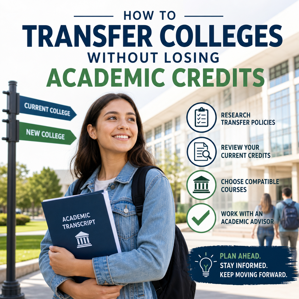 Student planning a college transfer with checklist icons for research, course review, selection, and advising