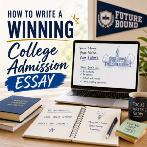 Student writing a college admission essay at a desk with notebook and laptop, surrounded by writing tips icons