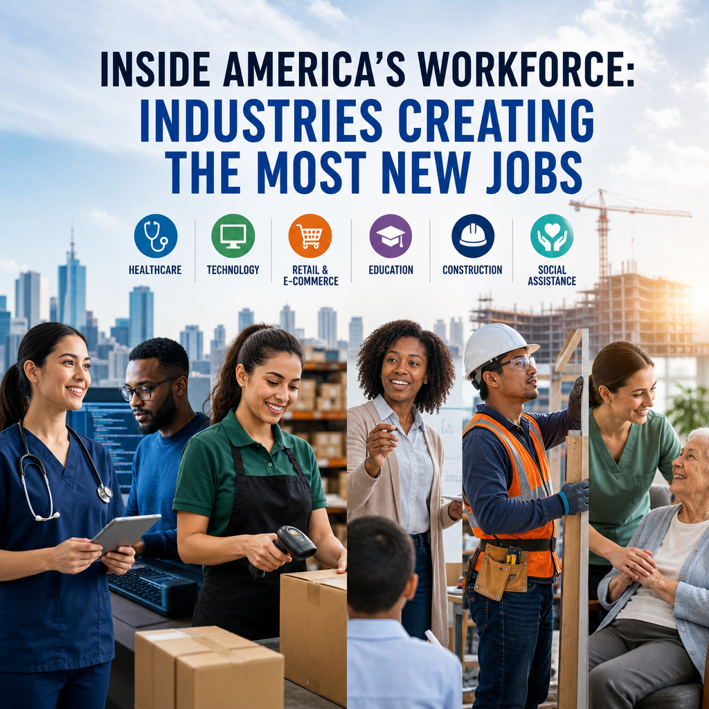 Chart showing America’s top job growth industries: healthcare, technology, retail, education, construction, and social assist