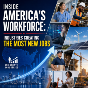 Illustration of top U.S. job growth industries, including healthcare, technology, logistics, and construction.