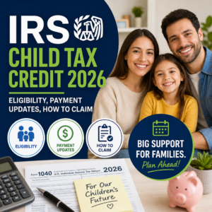 IRS Child Tax Credit 2026 guide showing eligibility, payment updates, and how families can claim the credit