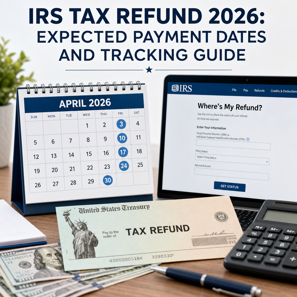 Calendar and refund check illustrating IRS tax refund 2026 payment dates and tracking guide